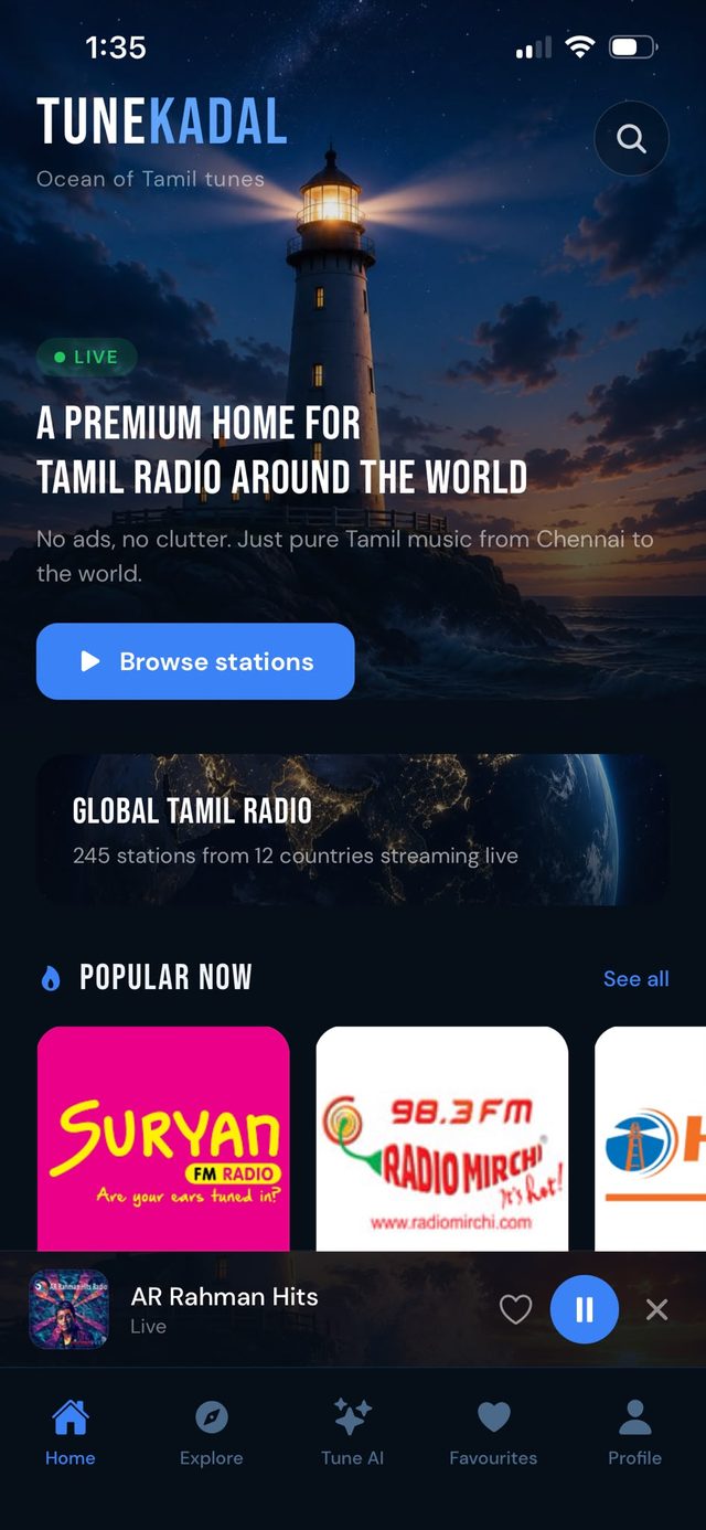 TuneKadal home screen showing live Tamil FM stations